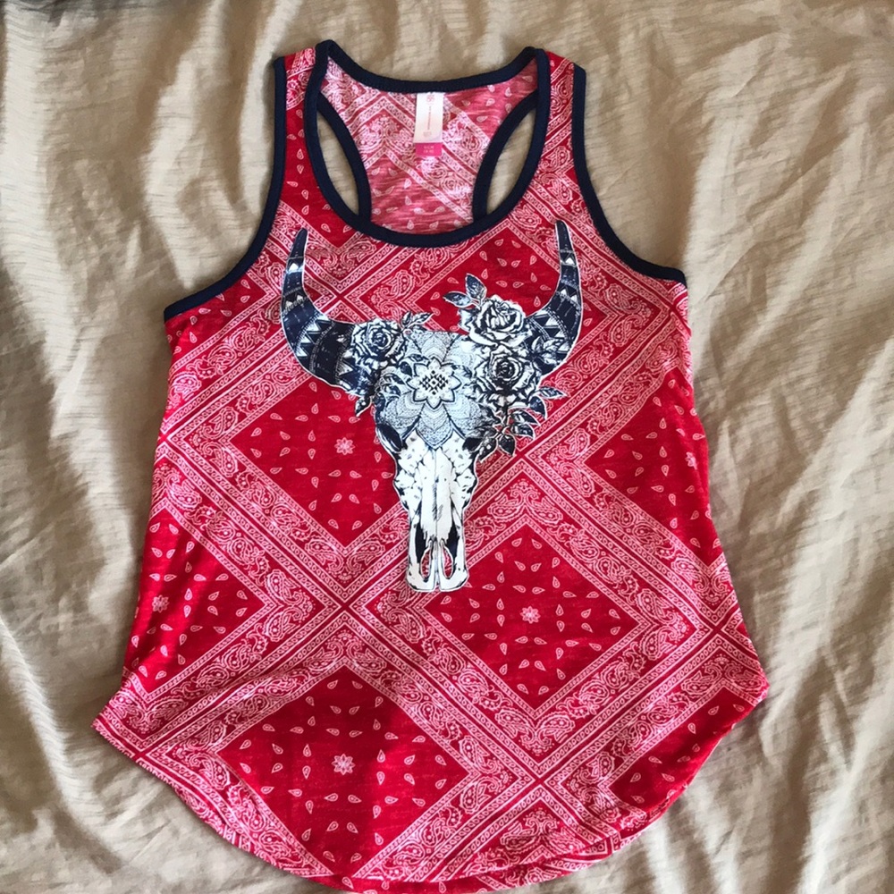 Tank - skull w/ flowers - red bandanna background